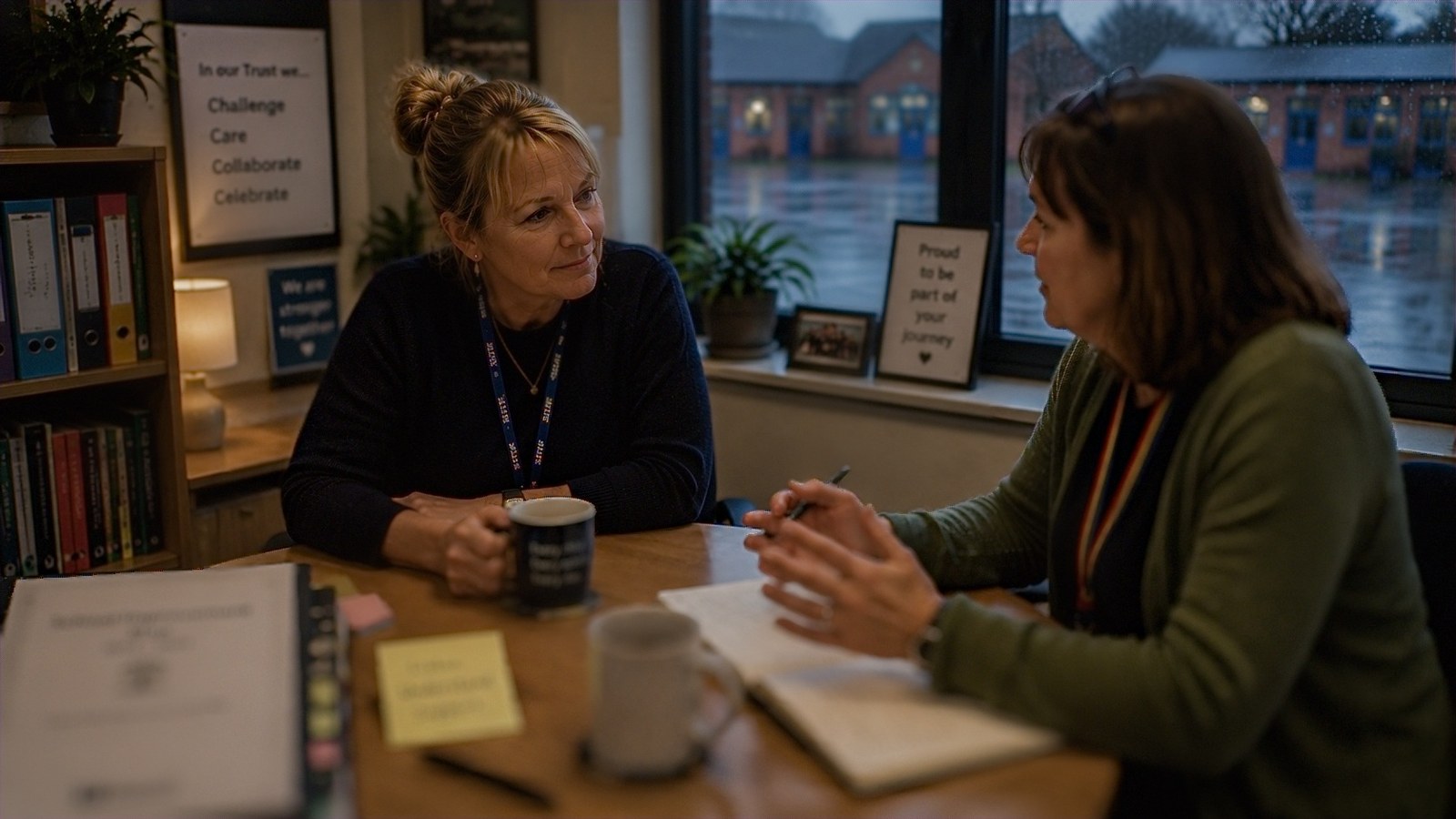 Two colleagues discussing their work around a table in a school office