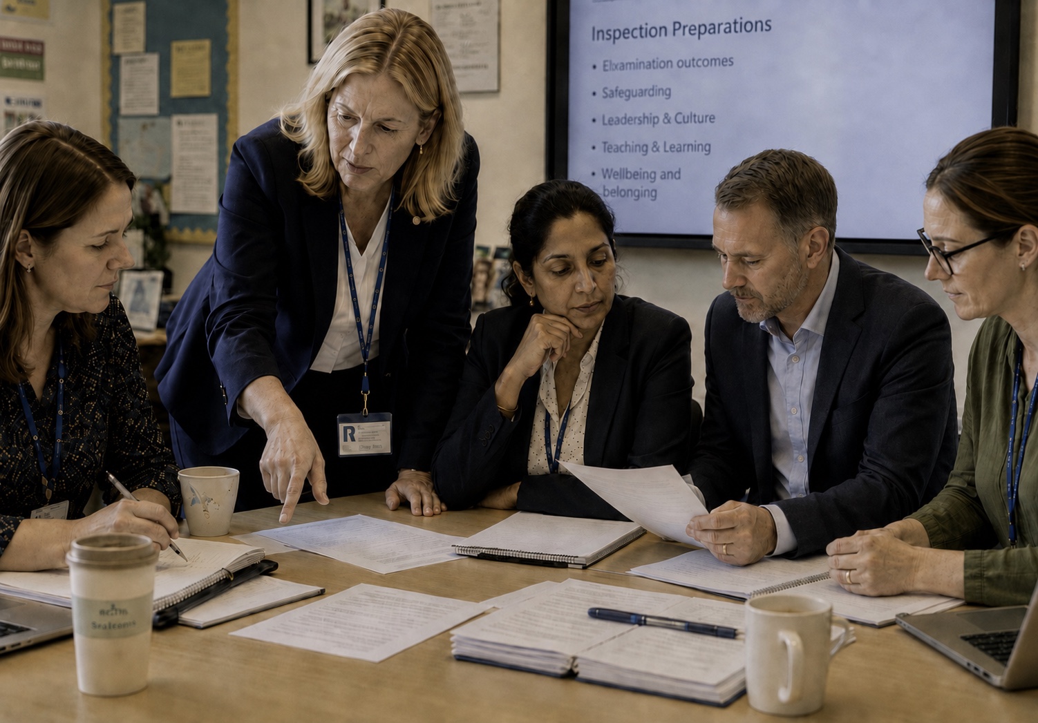 A head teacher talking with colleagues in school