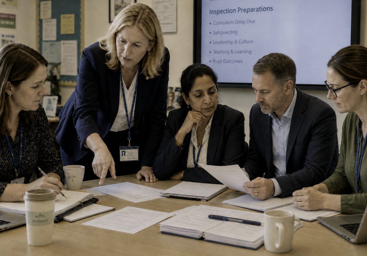 A head teacher talking with colleagues in school