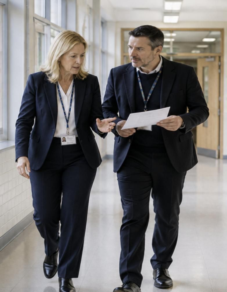 A head teacher walking a school corridor during the inspection